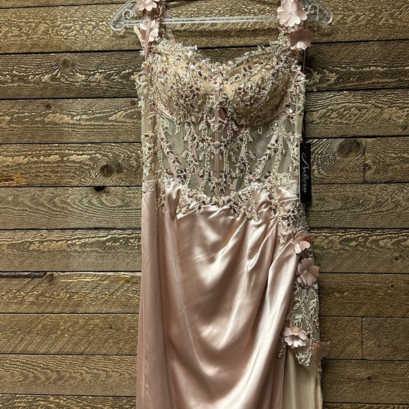 EMBROIDERED OFF SHOULDER CORSET SLIT GOWN BY ADORA 3132 in Champagne - Picture 3 of 8